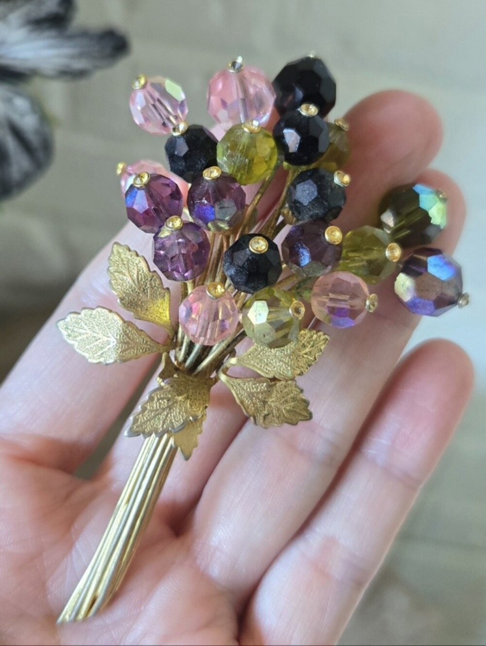 Vtg Crystal Flower Bouquet Brooch Pin, 4"  Floral